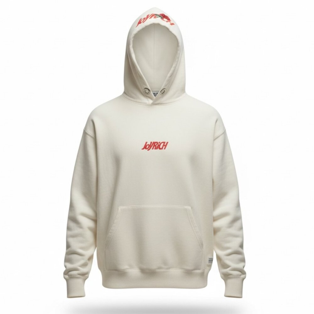 RARE JOYRICH WHITE HOODIE, MEN'S MEDIUM, EMBROIDERED LOGO AND HOODIE DESIGN, Y2K